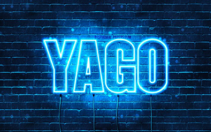 Yago, 4k, pap&#233;is de parede com nomes, nome de Yago, luzes de n&#233;on azuis, feliz anivers&#225;rio Yago, nomes masculinos espanh&#243;is populares, foto com o nome de Yago