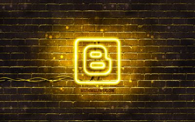 Logo giallo di Blogger, 4K, muro di mattoni giallo, logo di Blogger, social network, logo al neon di Blogger, Blogger
