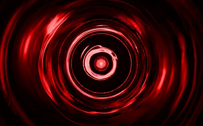 赤いらせん状の背景, 4K, 赤い渦, スパイラルテクスチャ, 3Dアート, 赤い波の背景, 波状のテクスチャ, 赤い背景