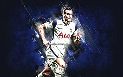 Gareth Bale, Welsh footballer, Tottenham Hotspur, portrait, blue stone background, football, Premier League
