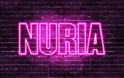 nuria, 4k, hintergrundbilder mit namen, weiblichen namen, nuria-namen, lila neonlichter, happy birthday nuria, beliebte spanische weibliche namen, bild mit nuria-namen