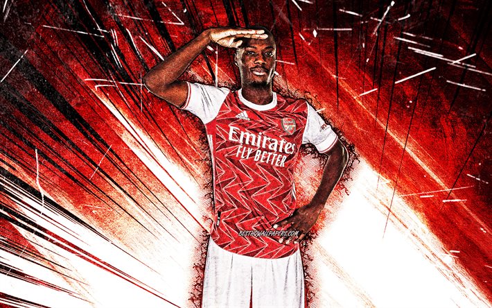 4k, Nicolas Pepe, grunge art, french footballers, Arsenal FC, red abstract rays, soccer, Premier League, football, The Gunners, Nicolas Pepe Arsenal