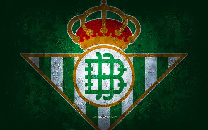 Real Betis, club de football espagnol, fond de pierre verte, logo du Real Betis, art grunge, La Liga, football, Espagne, embl&#232;me du Real Betis