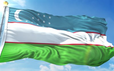 Bandiera dell&#39;Uzbekistan, cielo, sventolando la bandiera, bandiera uzbeka, Uzbekistan, bandiera dell&#39;Uzbekistan sul pennone