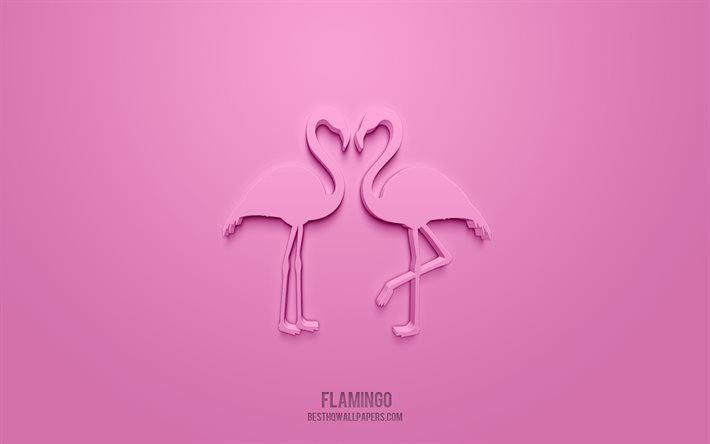 Flamingo 3d ikon, rosa bakgrund, 3d symboler, Flamingo, kreativ 3d konst, 3d ikoner, Flamingosign, djur 3d ikoner