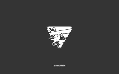 We fly in 2021, 2021 New Year, gray background, 2021 minimalism art, 2021 concepts, Happy New Year 2021, 2021 airplane background
