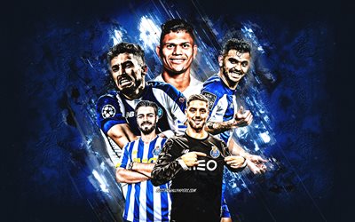 FC Porto, portuguese football club, blue stone background, Portugal, soccer, Evanilson, Mehdi Taremi, Jesus Corona