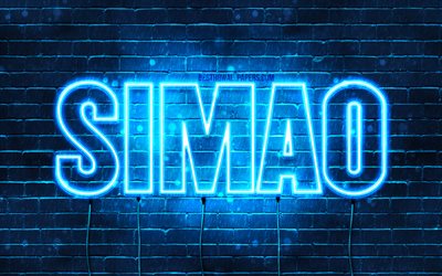 Simao, 4k, bakgrundsbilder med namn, Simao-namn, bl&#229; neonljus, Grattis p&#229; f&#246;delsedagen Simao, popul&#228;ra portugisiska manliga namn, bild med Simao-namn