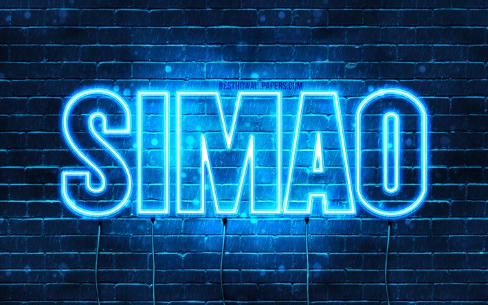 Simao, 4k, sfondi con nomi, nome Simao, luci al neon blu, buon compleanno Simao, nomi maschili portoghesi popolari, foto con nome Simao