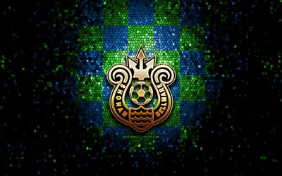 Shonan Bellmare FC, glitter logo, J1 League, blue green checkered background, soccer, japanese football club, Shonan Bellmare logo, mosaic art, football, Shonan Bellmare