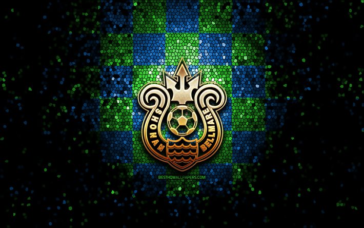 Shonan Bellmare FC, paillettes logo, J1 Ligue, vert, bleu &#224; carreaux de fond, soccer, japonais, club de football, Shonan Bellmare logo, l&#39;art de la mosa&#239;que, le football, le Shonan Bellmare