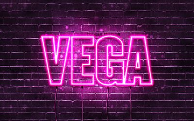 vega, 4k, hintergrundbilder mit namen, weibliche namen, vega-name, lila neonlichter, happy birthday vega, beliebte spanische weibliche namen, bild mit vega-namen