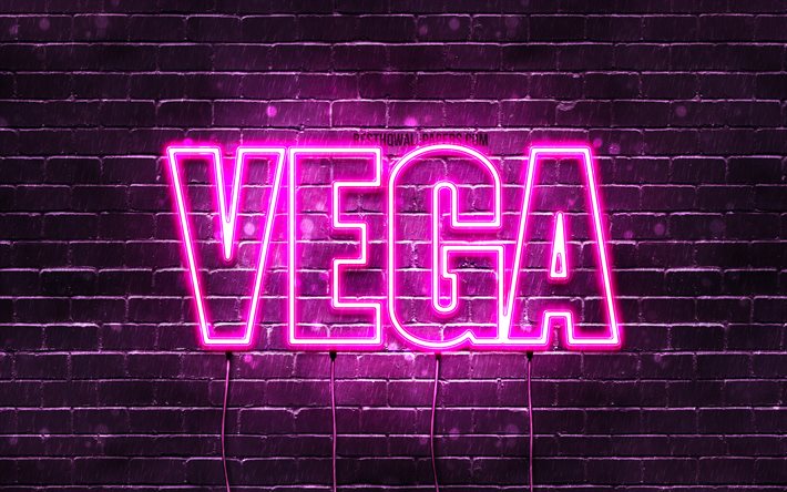 Vega, 4k, fonds d'écran avec noms, noms féminins, nom Vega, néons violets, joyeux anniversaire Vega, noms féminins espagnols populaires, photo avec nom Vega