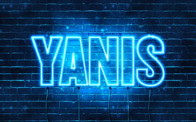 Yanis, 4k, fonds d&#39;&#233;cran avec des noms, nom Yanis, n&#233;ons bleus, joyeux anniversaire Yanis, noms masculins fran&#231;ais populaires, photo avec le nom Yanis