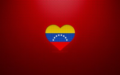 J&#39;aime le Venezuela, 4k, pays d&#39;Am&#233;rique du Sud, fond pointill&#233; rouge, coeur de drapeau v&#233;n&#233;zu&#233;lien, Venezuela, pays pr&#233;f&#233;r&#233;s, amour Venezuela, drapeau v&#233;n&#233;zu&#233;lien