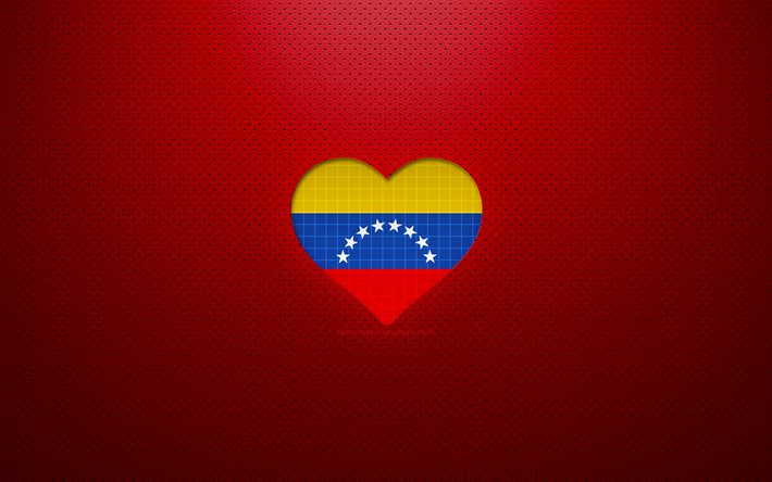 Amo il Venezuela, 4k, paesi sudamericani, sfondo rosso punteggiato, cuore della bandiera venezuelana, Venezuela, paesi preferiti, amore Venezuela, bandiera venezuelana