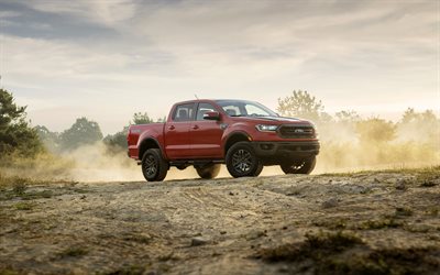 2021, Ford Ranger, Tremor Lariat North America, front view, exterior, red pickup truck, new red Ranger, american cars, Ford