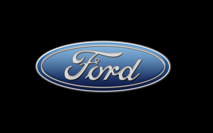Logo Ford, emblema Ford su sfondo nero, Ford, marchio automobilistico, emblema Ford