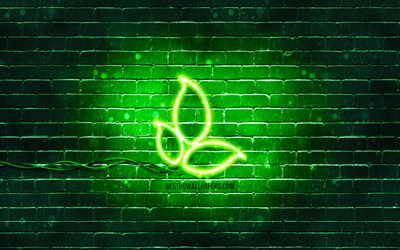 Icona al neon di foglie, 4k, sfondo verde, simboli al neon, foglie, creativo, icone al neon, segno di foglie, segni di ecologia, icona di foglie, icone di ecologia
