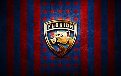 Florida Panthers flag, NHL, red blue metal background, american hockey team, Florida Panthers logo, USA, hockey, golden logo, Florida Panthers