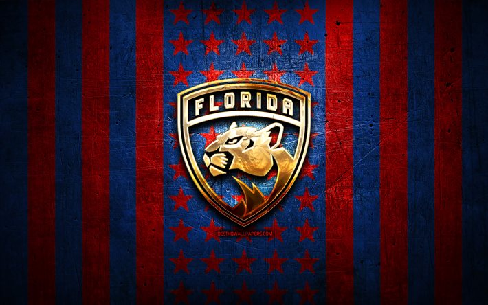 フロリダパンサーズの旗, NHL, 赤青金属の背景, アメリカのホッケーチーム, フロリダパンサーズのロゴ, 米国, ホッケー, 黄金のロゴ, フロリダパンサーズ