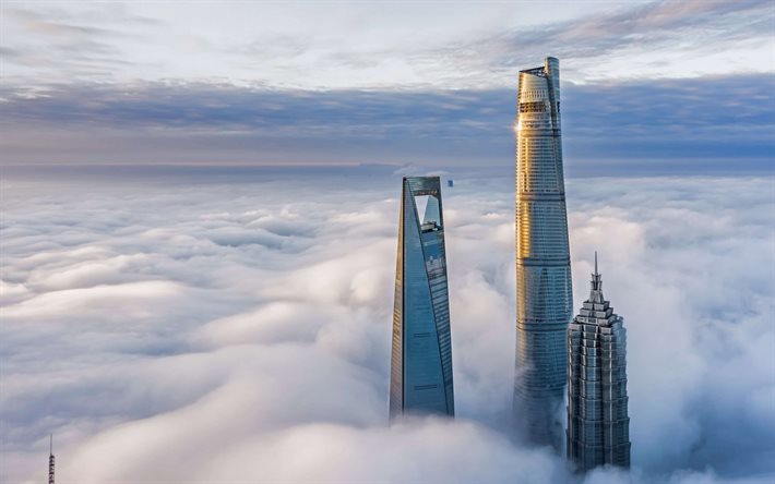 Shanghai, rascacielos en las nubes, Shanghai Tower, Shanghai World Financial Center, rascacielos, China