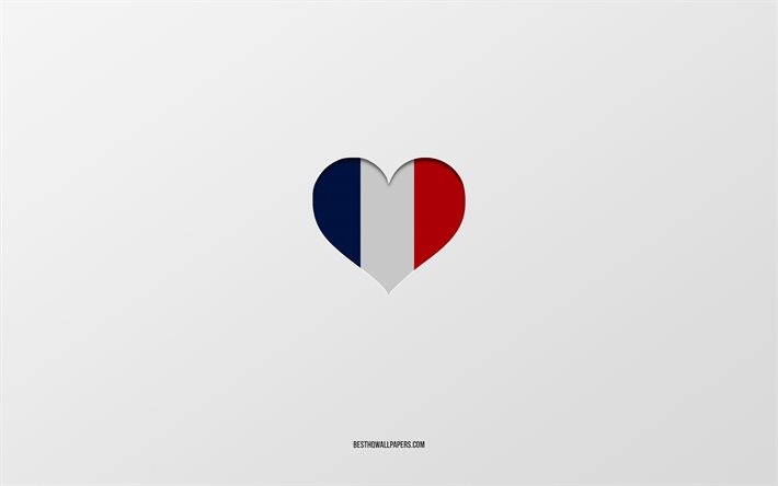 Fransa&#39;yı seviyorum, avrupa &#252;lkeleri, fransa, gri arka plan, fransa bayrağı kalp, favori &#252;lke, fransa seviyorum