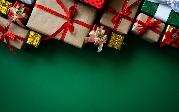 Cadeaux de No&#235;l, fond vert, bonne ann&#233;e, cadre de No&#235;l, noeuds en soie rouge, joyeux No&#235;l