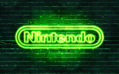 Logo verde Nintendo, 4k, muro di mattoni verde, logo Nintendo, marchi, logo neon Nintendo, Nintendo