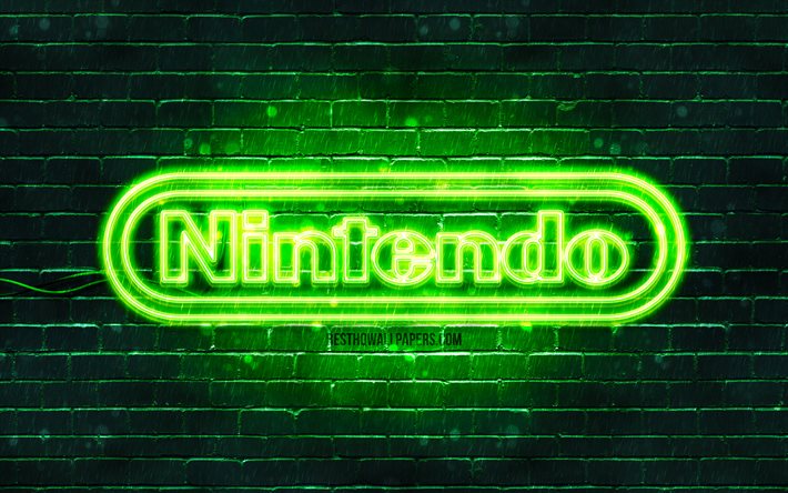 Logotipo verde da Nintendo, 4k, parede de tijolos verdes, logotipo da Nintendo, marcas, logotipo da Nintendo neon, Nintendo
