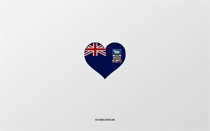 J&#39;aime les &#238;les Falkland, les pays d&#39;Am&#233;rique du Sud, les &#238;les Falkland, fond gris, le coeur du drapeau des &#238;les Falkland, le pays pr&#233;f&#233;r&#233;, l&#39;amour des &#238;les Falkland