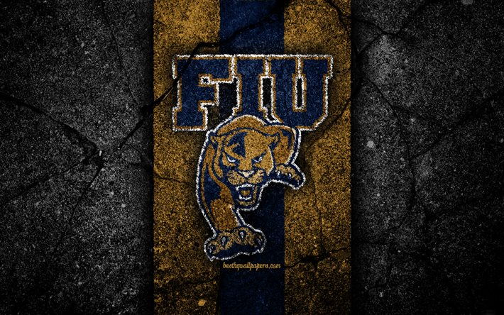 FIU Panthers, 4k, &#233;quipe de football am&#233;ricain, NCAA, pierre noire jaune, USA, texture asphalte, football am&#233;ricain, logo FIU Panthers