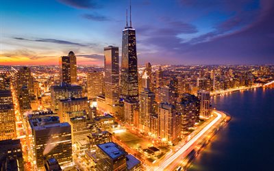4k, Chicago, Lago Michigan, edifícios modernos, paisagens noturnas, cidades americanas, Illinois, América, Chicago à noite, EUA, Cidade de Chicago, Cidades de Illinois