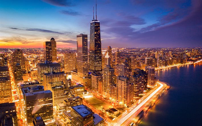 4k, Chicago, Lake Michigan, modern buildings, nightscapes, american cities, Illinois, America, Chicago at night, USA, City of Chicago, Cities of Illinois