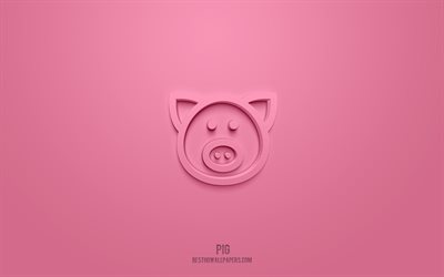 Icona 3d maiale divertente, sfondo rosa, simboli 3d, maiale divertente, arte 3d creativa, icone 3d, segno maiale divertente, icone animali 3d