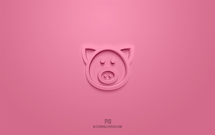 面白い豚の3Dアイコン, ピンクの背景, 3Dシンボル, 面白い豚, 創造的な3 dアート, 3D图标, 面白い豚のサイン, 動物の3Dアイコン
