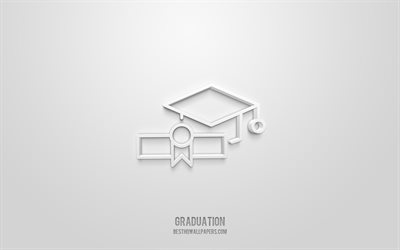Graduation 3d icon, white background, 3d symbols, Graduation, creative 3d art, 3d icons, Graduation sign, Education 3d icons