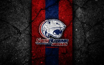 South Alabama Jaguars, 4k, american football team, NCAA, red blue stone, USA, asphalt texture, american football, South Alabama Jaguars logo