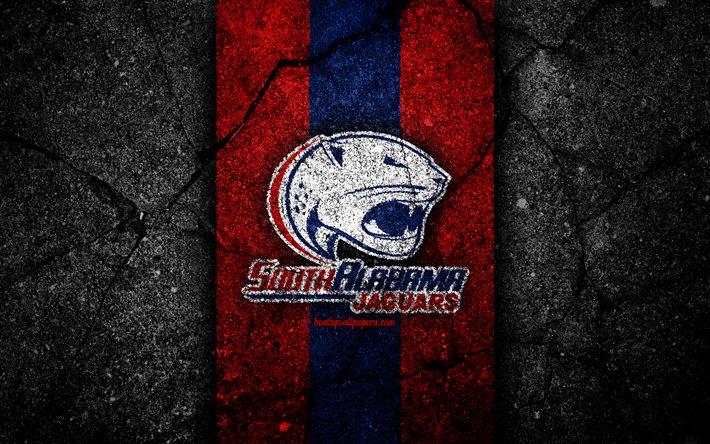 South Alabama Jaguars, 4k, time de futebol americano, NCAA, pedra azul vermelha, EUA, textura de asfalto, futebol americano, logotipo do South Alabama Jaguars