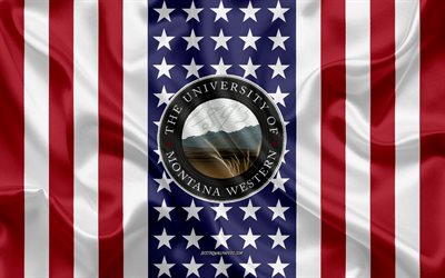 Emblema occidentale dell&#39;Universit&#224; del Montana, bandiera americana, logo occidentale dell&#39;Universit&#224; del Montana, Dillon, Montana, USA, Universit&#224; occidentale del Montana
