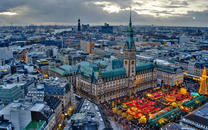 Hamburg, Noel, Hamburg belediye binası, Hamburg panorama, Hamburg şehir manzarası, Almanya