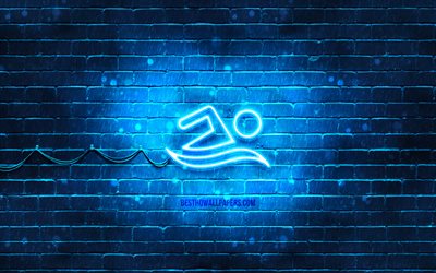 schwimmen neon symbol, 4k, blauer hintergrund, neon symbole, schwimmen, schwimmen zeichen, sportzeichen, schwimmen symbol, sport symbole