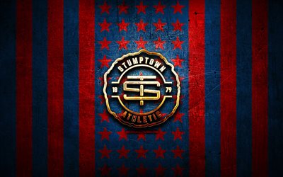 Stumptown Athletic flag, NISA, blue red metal background, american soccer club, Stumptown Athletic logo, USA, soccer, Stumptown Athletic FC, golden logo