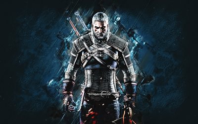Geralt of Rivia, The Witcher, blue stone background, creative art, The Witcher characters