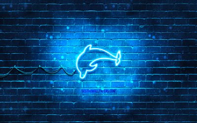 delphin-neonikone, 4k, blauer hintergrund, neon-symbole, delphin, neonikonen, delphinzeichen, tierzeichen, delphinikone, tierikonen