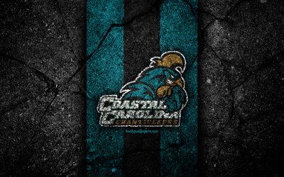 Coastal Carolina Chanticleers, 4k, american football team, NCAA, blue black stone, USA, asfalt texture, american football, Coastal Carolina Chanticleers logo