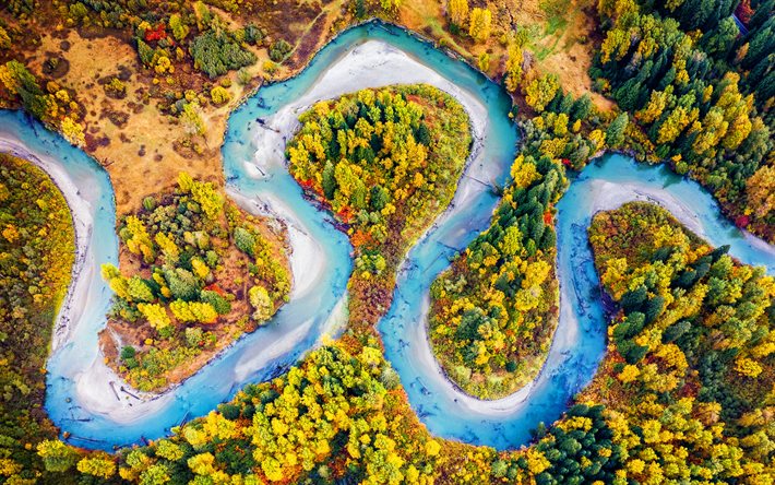 blue river, aerial view, island, 4k, autumn, forest, beautiful nature, HDR