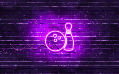 Icona al neon di bowling, 4K, sfondo viola, simboli al neon, Bowling, icone al neon, segno di bowling, segni di sport, icona di bowling, icone di sport