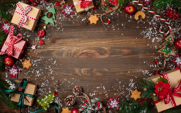 Cornice di Natale, regali di Natale, fondo in legno, struttura in legno, decorazioni natalizie, neve, Capodanno