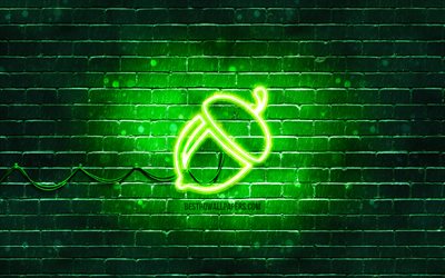 Icona al neon di ghianda, 4K, sfondo verde, simboli al neon, ghianda, icone al neon, segno di ghianda, segni di cibo, icona di ghianda, icone di cibo